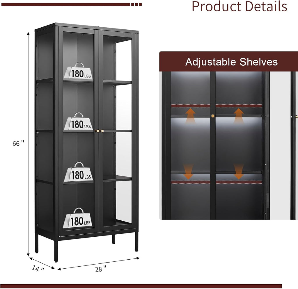 Metal Display Cabinet with Glass Doors, 66' Curio Cabinet with 3 Ajustable Shelves, Glass Display Case for Collectibles, Black Cabinets for Living Room