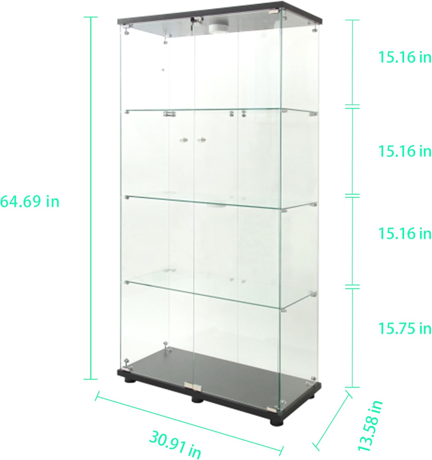 64.69' Tall Tempered Glass Display Cabinet with LED Lights, Curio Cabinet with 4 Shelves with 2 Door, Quick-Install Style Floor Standing Bookshelf File Cabinet for Living Room Office