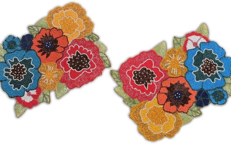 HM Creations Multicolor Floral Table Runner, Handmade Table Runner, Beaded Table Topper 13X36 Inch Dinning Decoration. (Set of 1 Table Runner and 6 Place Mats)