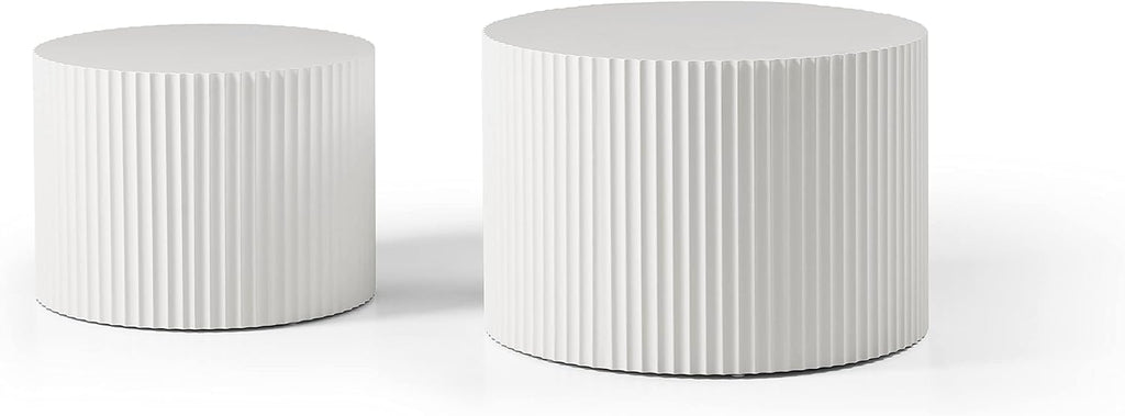 White Round Coffee Table Set of 3 Modern Drum Circle Nesting Coffee Tables for Living Room, Contemporary Wood Fluted Embossed Side Table End Table, No Assembly, White (3-Pcs)