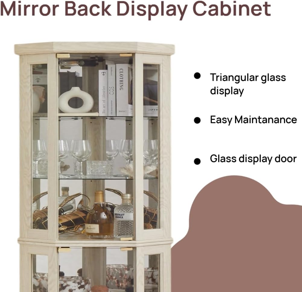 70' Lighted Corner Curio Cabinet,Inside Mirror Corner Glass Display Case with Tempered Glass Door for Living Room, Antique Collectibles, Wine & Bar Glass Storage, Lights Included