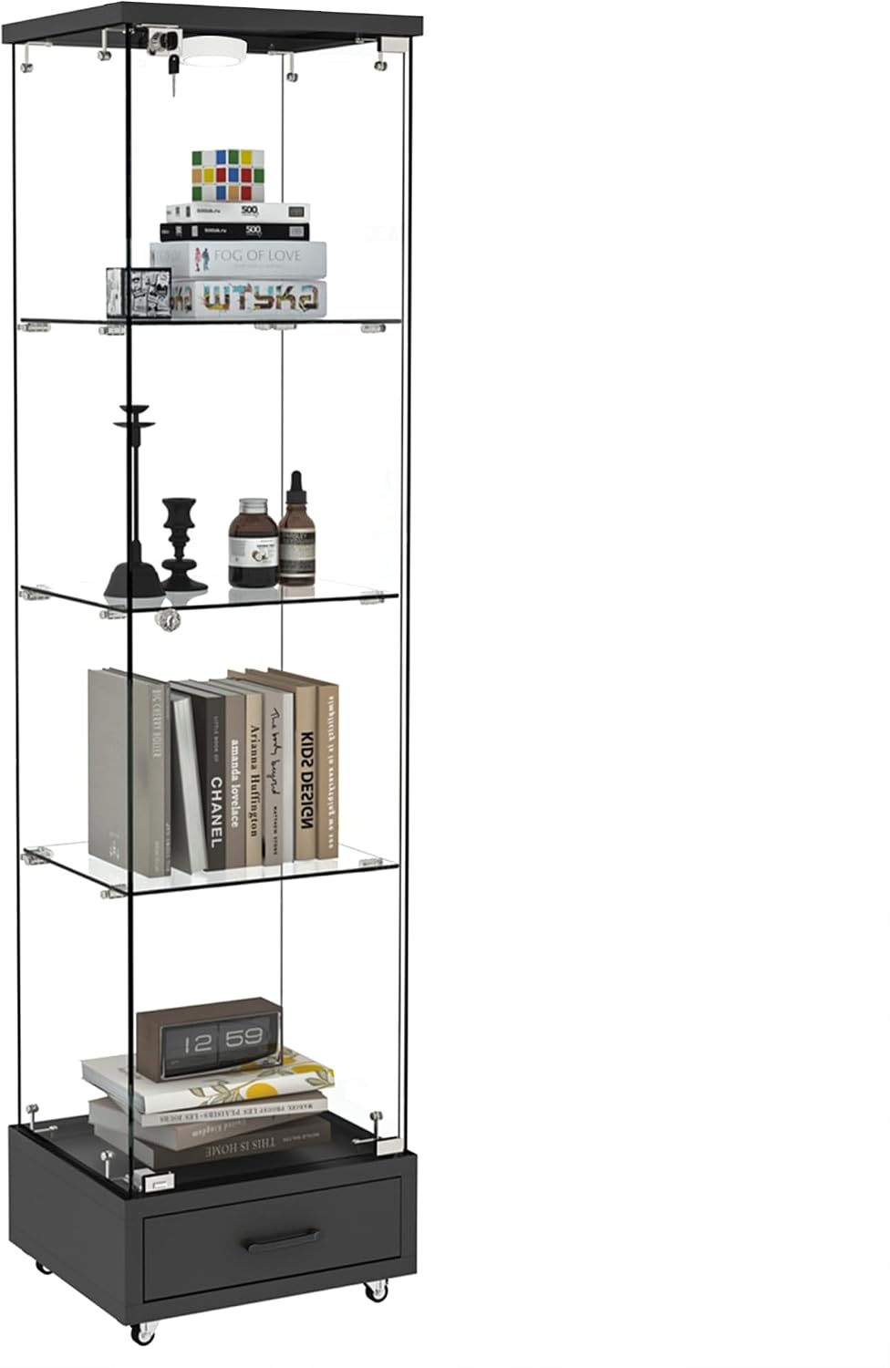 Modern Glass Display Cabinet with LED Light 4-Shelf Curio Cabinets with Storage Drawer and Wheels,Tempered Glass Display Shelf Bookcase for Living Room Home Office