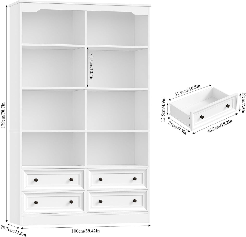 FINETONES 71' Tall Bookshelf with 4 Drawers, 6-Tier Double Wide Bookshelves and Bookcases with Storage, White Bookshelf Large Open Bookshelves Standing Book Cabinet for Home Office, White