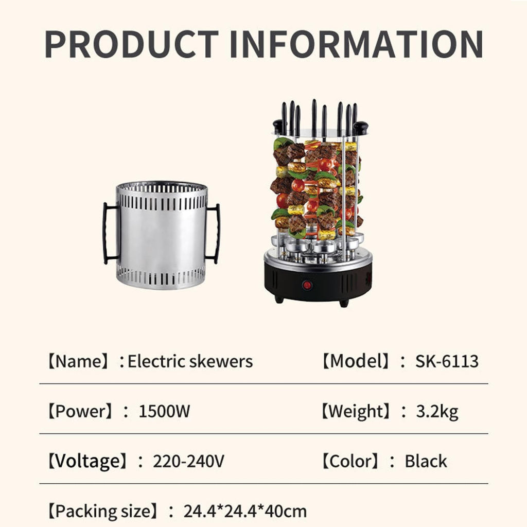 1500W Electric Rotating Vertical Rotisserie Grill, 360° Fully Automatic Barbecue Shawarma Machine, with Oil-Receiving Cup, 8 Grilling Forks, for Kebabs, Skewers and Roasts