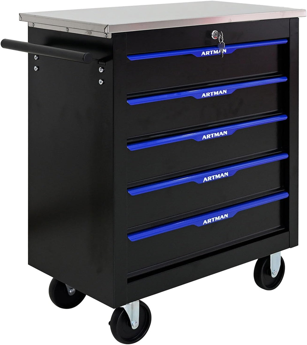 5-Drawer Rolling Tool Chest with Stainless Steel Countertop,Tool Chest with Secure Locking System,Mobile Storage Tool Cabinet with 360°Wheels and Padded Feet,for Home,Garage (Black+Blue)