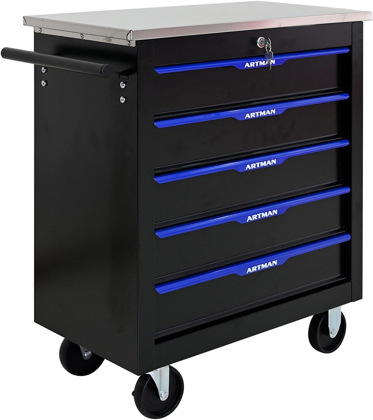 5-Drawer Rolling Tool Chest with Stainless Steel Countertop,Tool Chest with Secure Locking System,Mobile Storage Tool Cabinet with 360°Wheels and Padded Feet,for Home,Garage (Black+Blue)