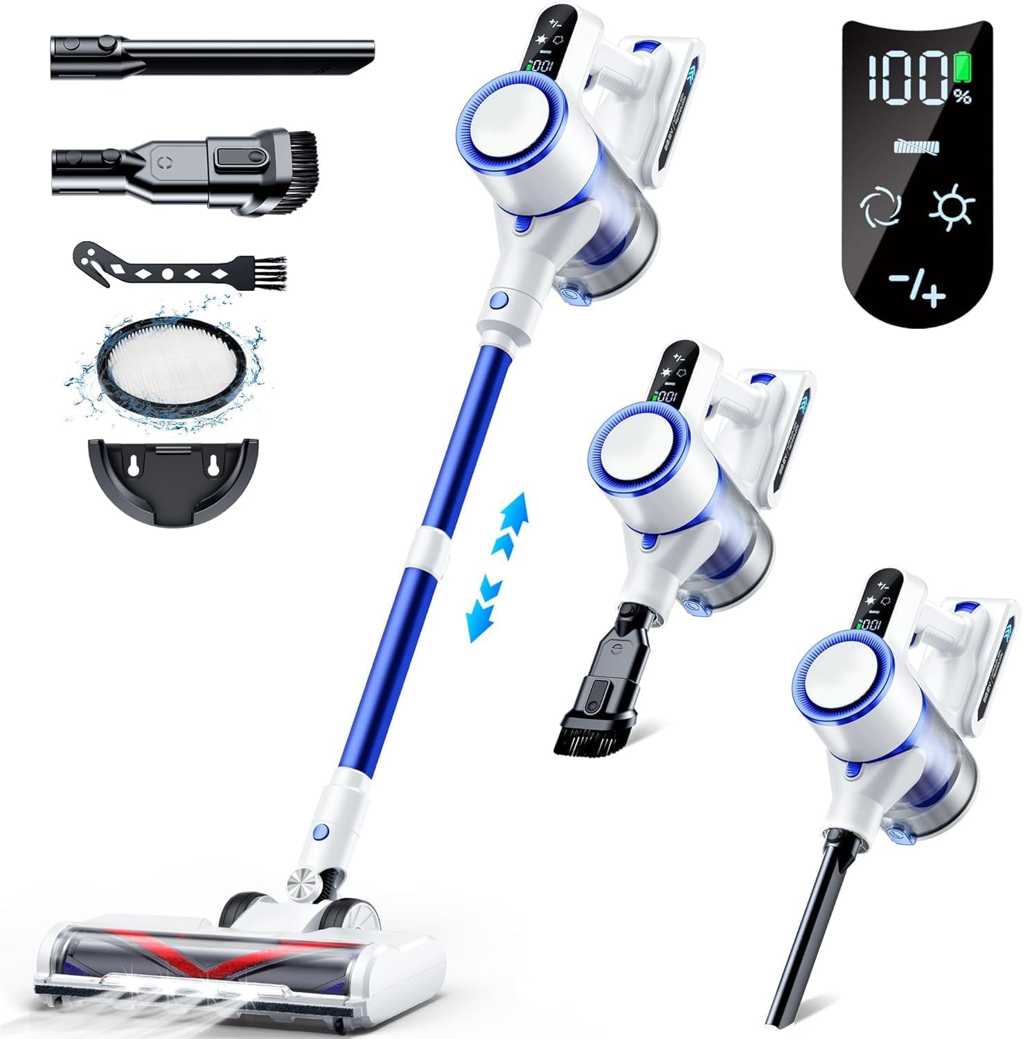 Cordless Vacuum Cleaner, 550W/45Kpa Vacuum Cleaners for Home, 60Mins Stick Vacuum with LED Display, Anti-Tangle & Wall Mount Charging, 8 in 1 Lightweight Vacuum for Hard Floors Carpet Pet Hair