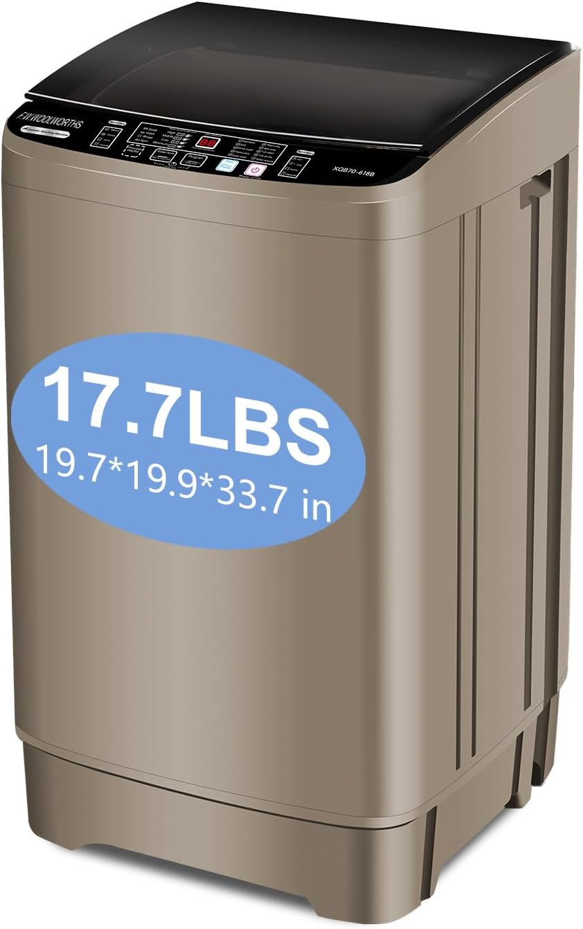 F.W.WOOLWORTHS 17.7 lbs Full-Automatic Washing Machine with LED Display, Laundry Washer with Drain Pump, 10 Wash Programs 8 Water Levels Washer & Spinner for Home, Apartment, Dorms, Gold