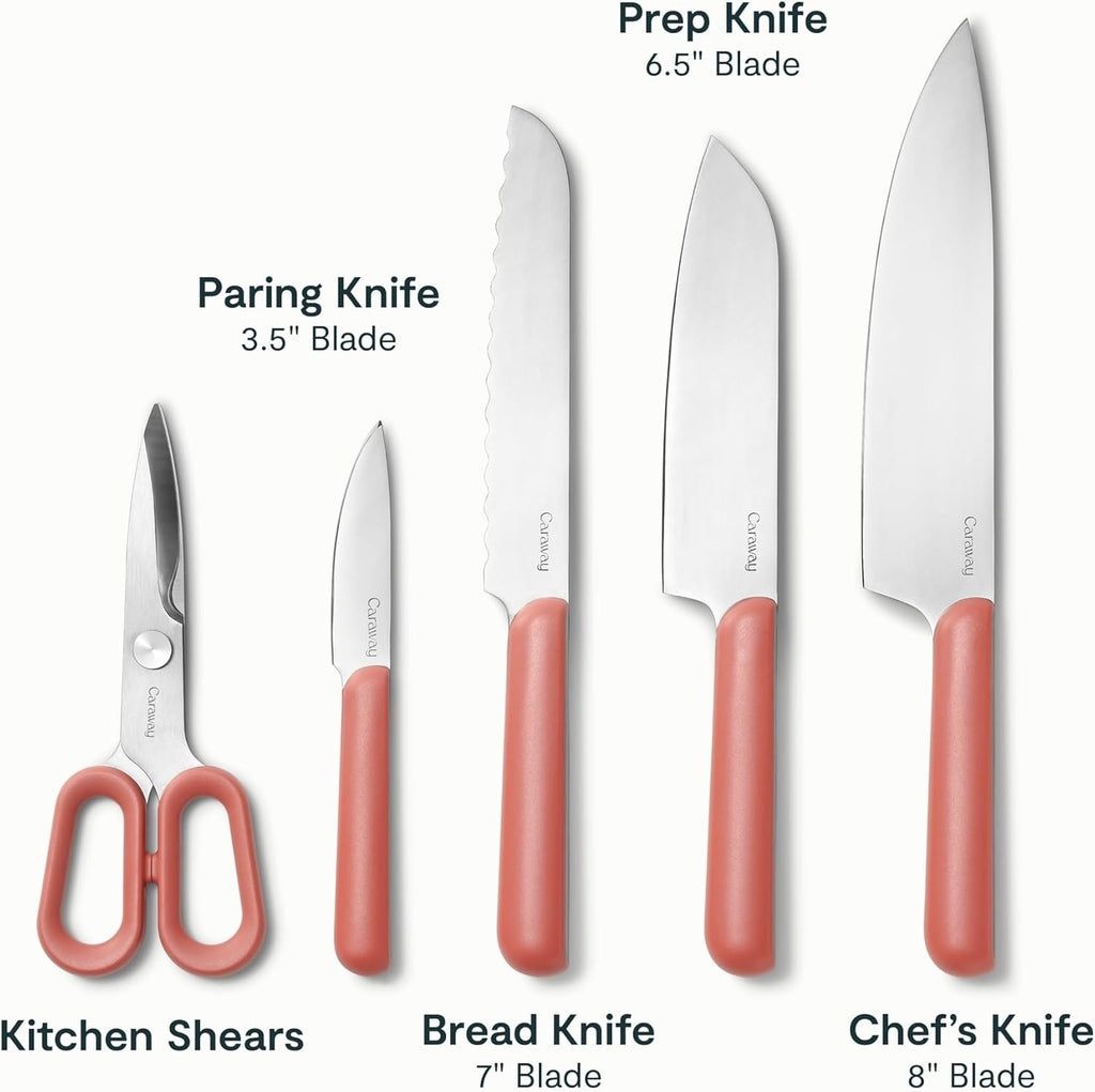 Caraway Kitchen Knife Set & Wooden Utensil Set - Made With Premium German Steel Blades & FSC-Certified Birch Wood - Non-Toxic Materials - Perracotta