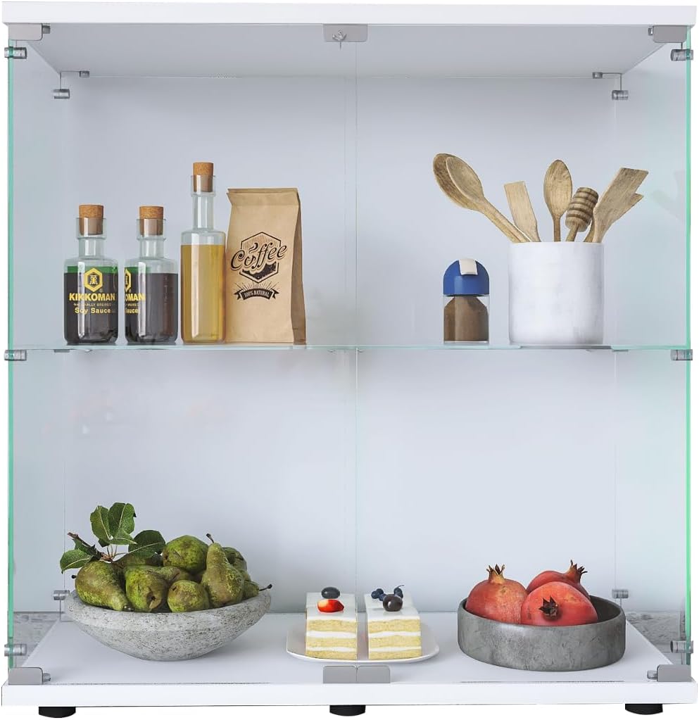 LFT HUIMEI2Y Glass Display Cabinet 2-Shelf with Double Door, Curio Cabinets Fast Installation in 30 Mins, Tempered Glass Floor Standing Bookshelf for Bedroom, Living Room 32.8'x 31.7'x 14.4' White