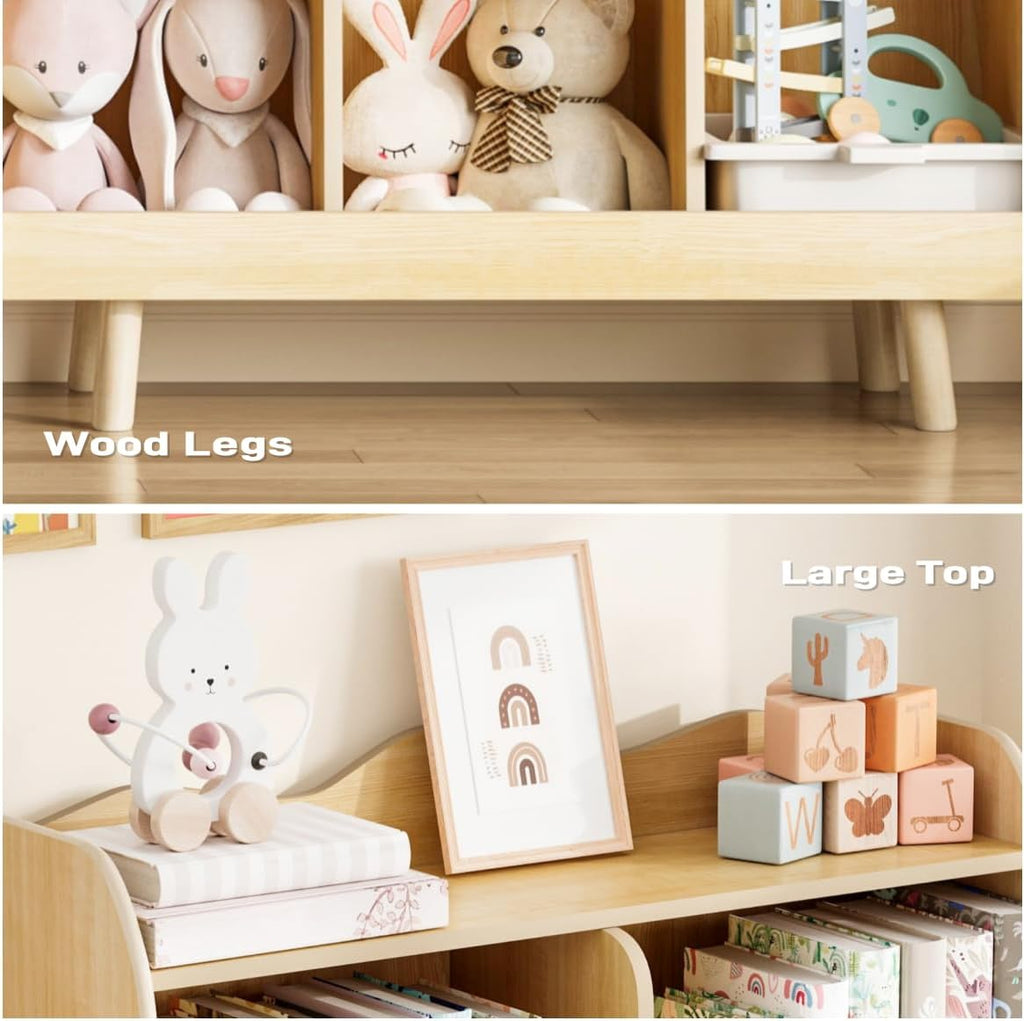 Treocho Kids Bookshelf and Toy Storage Orangizer, 3-Tier Wooden Children's Bookcase with Curve Design, 5 Toy Storage Cabinet Display with Legs for Children's Room, Playroom, School, Natural