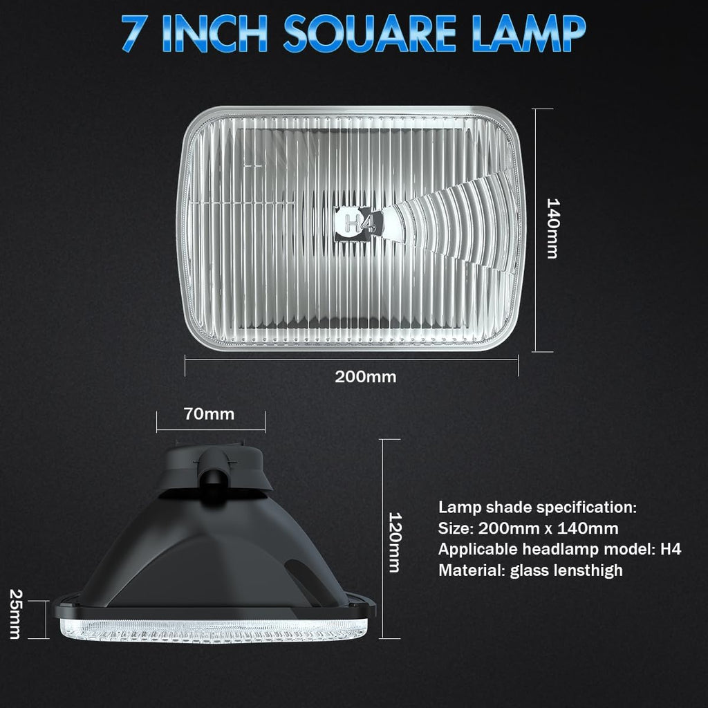 7x6 inch H6054 Super Vision Crystal Headlight Square Glass Lens Housing + H4 High Low Sealed Beam Headlight Lamp for Cars, Truck and Van, 4 PCS