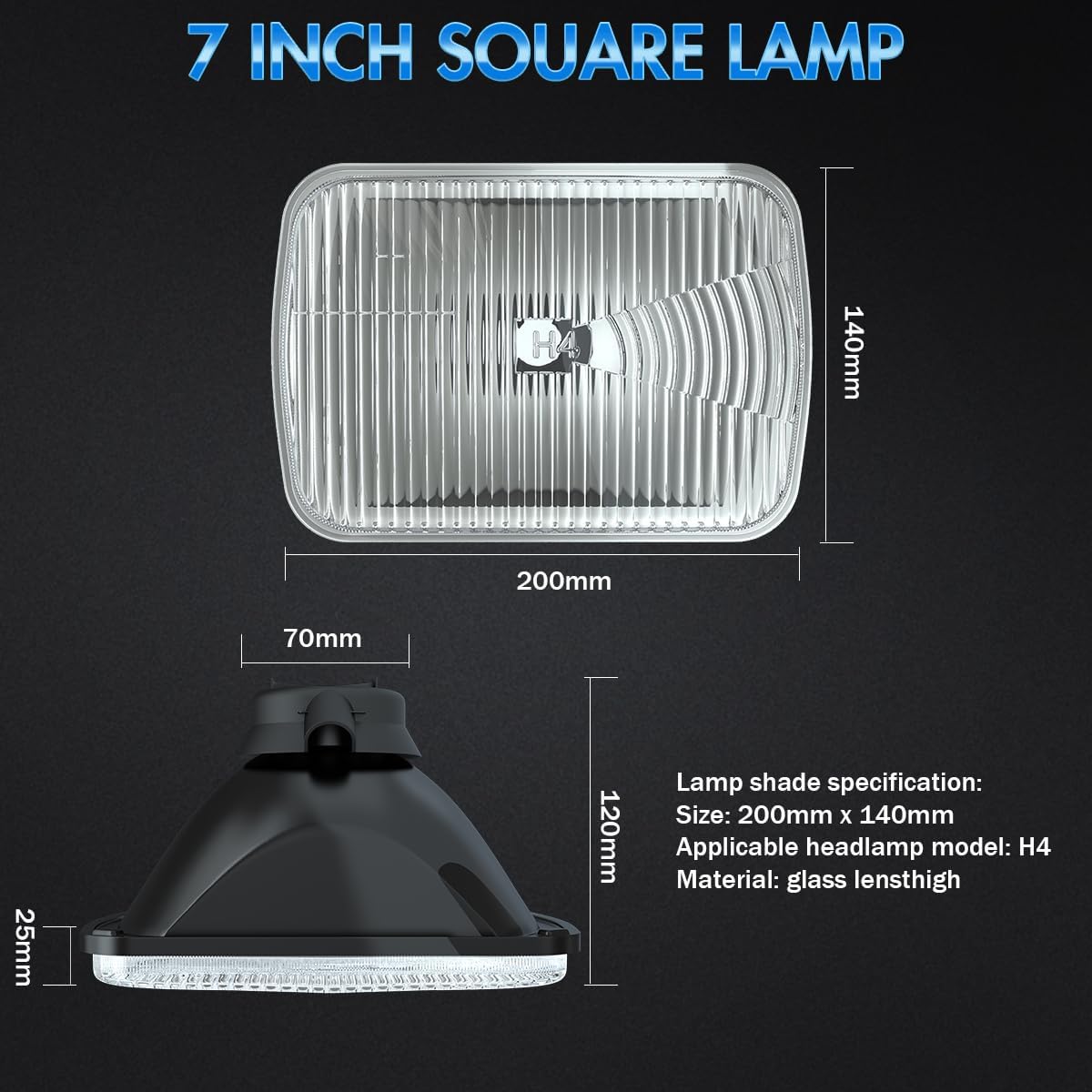 7x6 inch H6054 Super Vision Crystal Headlight Square Glass Lens Housing + H4 High Low Sealed Beam Headlight Lamp for Cars, Truck and Van, 4 PCS