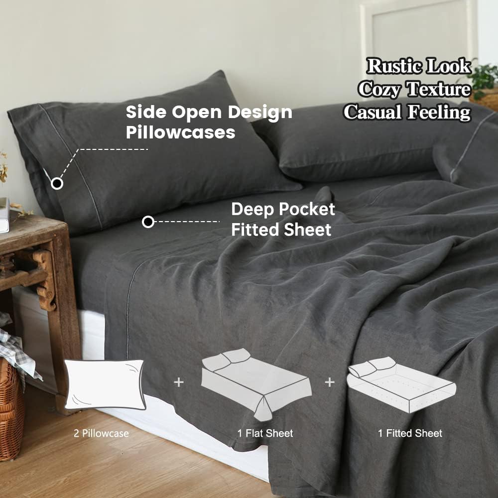 Simple&Opulence 100% Linen Sheet Set with Embroidery Washed - 4 Pieces (1 Flat Sheet & 1 Fitted Sheet & 2 Pillowcases) Natural Flax Soft Bedding Breathable Farmhouse - Dark Grey, Full Size