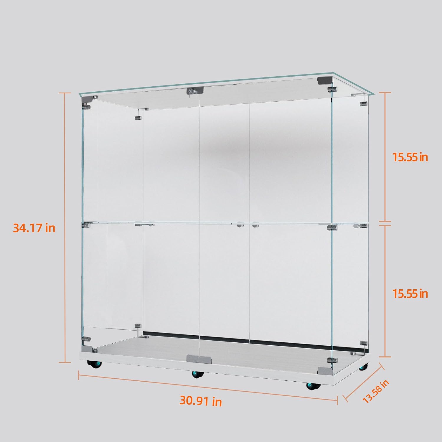 34.17' Tall Tempered Glass Display Cabinet with LED Lights&Rolling Wheels, Curio Cabinet with 2 Shelves with 2 Door, Quick-Install Style Floor Standing Bookshelf File Cabinet for Living Room Office