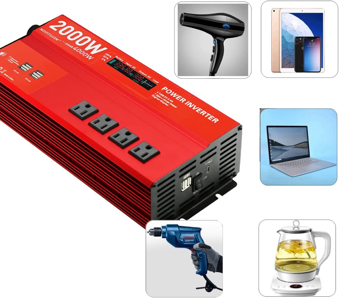 2000W 12V Power inverters for Vehicles,Peak 4000 watt, Car/Truck DC 12V to 110V 4AC Converter, 6 USB 2.4A Ports,with 18W Type-C Quick Charge Port,LCD Digital Display