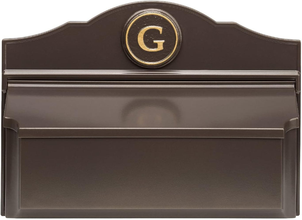 Whitehall Custom Wall Mount Mailbox Package - Mail Box with Monogram, Sand Cast Aluminum, Classic Design Bronze Personalized in Goldtone