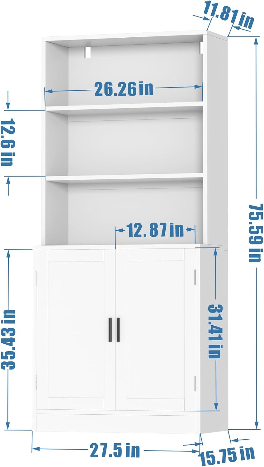 holzart 75' Tall Bookcase with Doors, 5 Tier Large Bookshelf with Cabinet, Standing Wood Display Book Shelf for Living Room, Office, Library with Doors, White