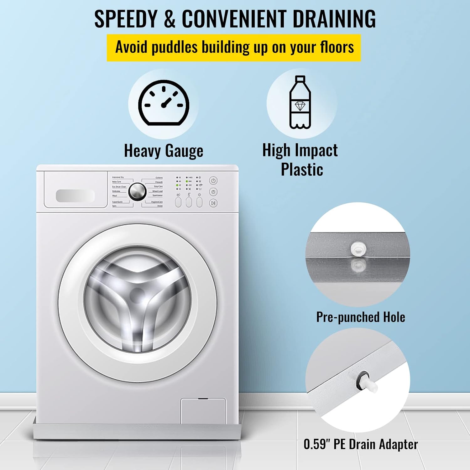 VBENLEM 32 x 30 x 2.5 Inch Washing Machine Pan 18 GA Thickness 304 Stainless Steel Heavy Duty Compact Washer Drip Tray with Drain Hole & Hose Adapter