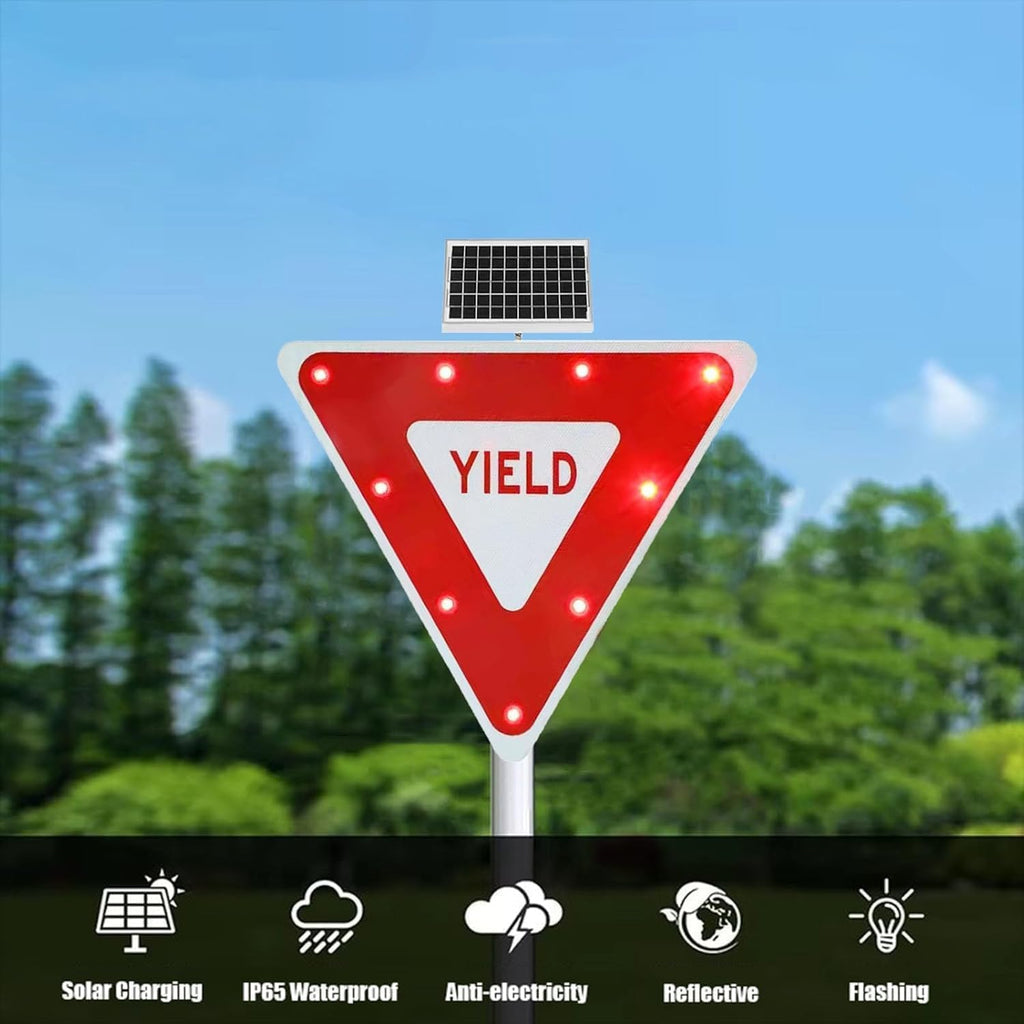 Yield Sign LED Flashing Crossing Signs - 28' Solar Yield Sign, Blinking Traffic Road Metal Signs, Engineer Grade Reflective File, with Accessories