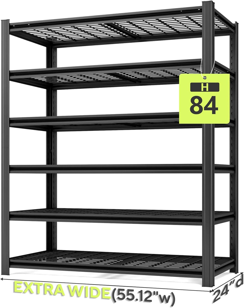 Extra Large/Big 55.12'W Father&I Industrial 6-Heavy-Dudy-Shelf-Rack Utility Tall Garage/Warehouse Shelving Metal/Steel Storage Shelves Unit/System Adjustable for Bin/Shed, 84'*55.12*24', Black