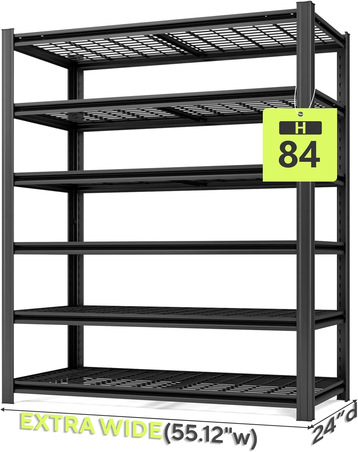 Extra Large/Big 55.12'W Father&I Industrial 6-Heavy-Dudy-Shelf-Rack Utility Tall Garage/Warehouse Shelving Metal/Steel Storage Shelves Unit/System Adjustable for Bin/Shed, 84'*55.12*24', Black