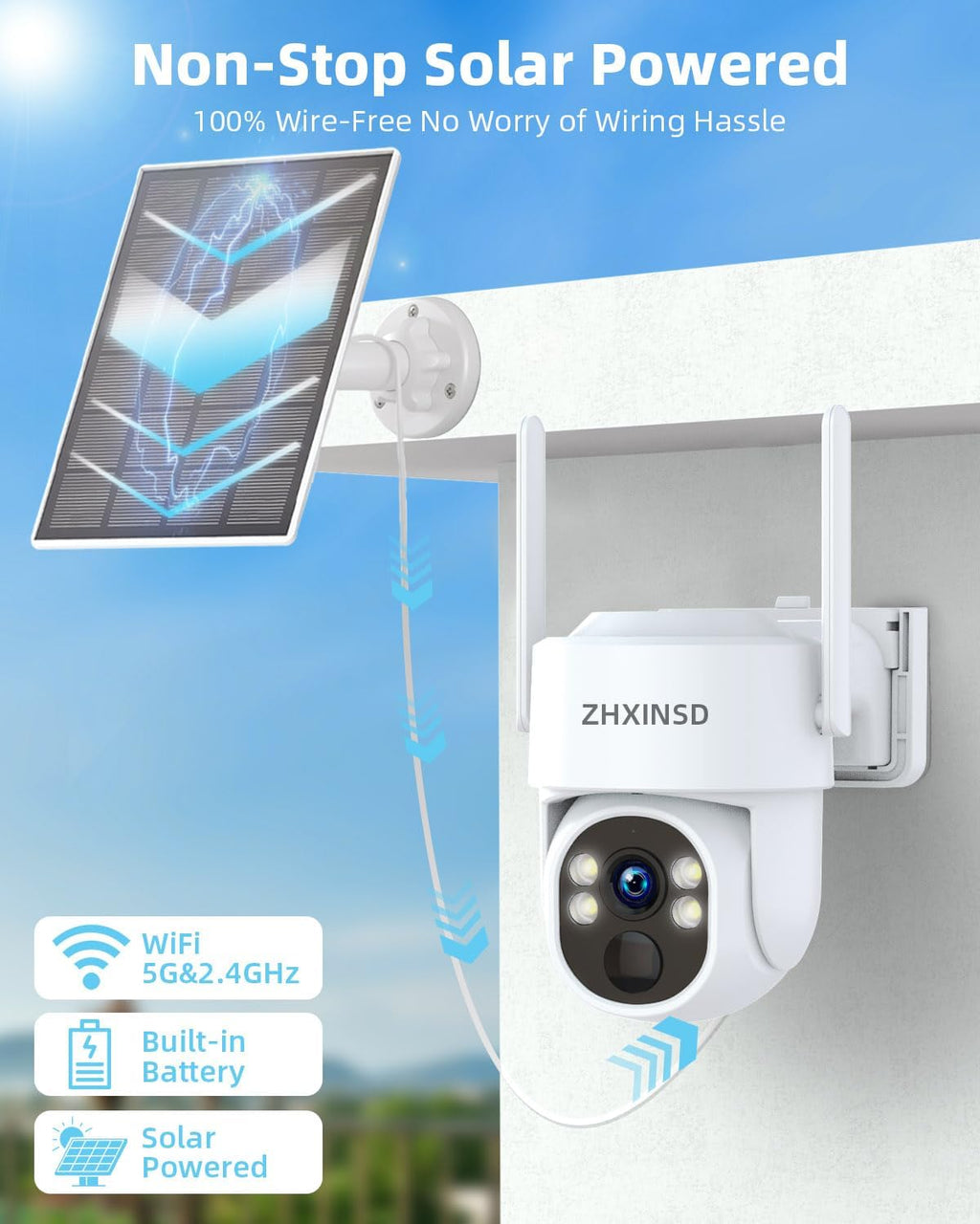 Solar Security Cameras System, Wireless Outdoor with 10' LCD Monitor, 4PCS 4MP Solar Powered PTZ Camera with Solar Panel for Home Security, 10 CH Expandable, Color Night Vision, 2-Way Audio