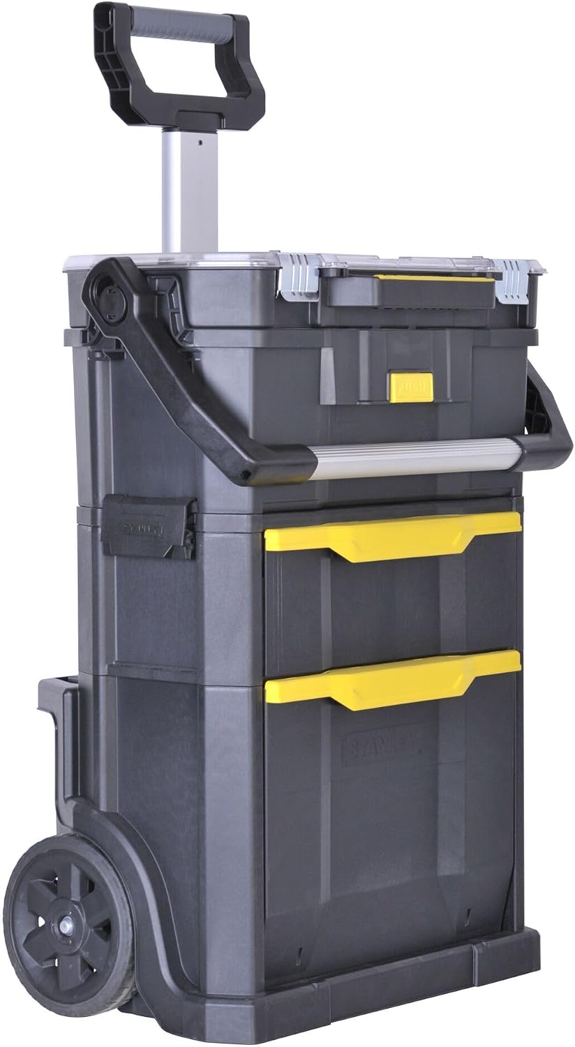 STANLEY 2-in-1 Rolling Workshop Tool Box Empty Tool Box (53 x 75.60 x 32 cm, Tool Carrier with Organiser Attachment, with Two Large Compartments, Telescopic Handle, Made of Robust Plastic) STST1-79231