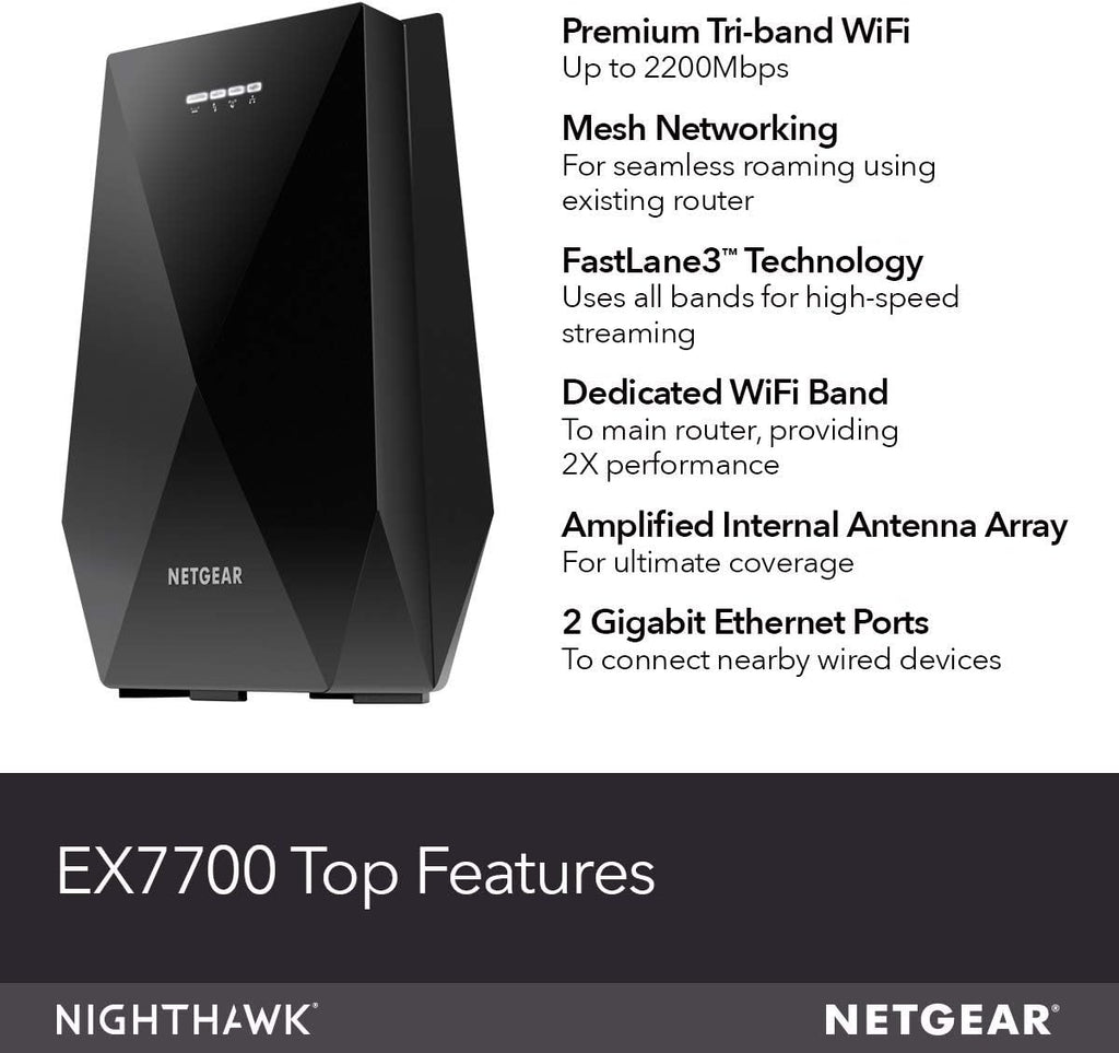 NETGEAR WiFi Mesh Range Extender EX7700 - Coverage up to 2000 sq.ft. and 40 Devices with AC2200 Tri-Band Wireless Signal Booster & Repeater (up to 2200Mbps Speed), Plus Mesh Smart Roaming (Renewed)