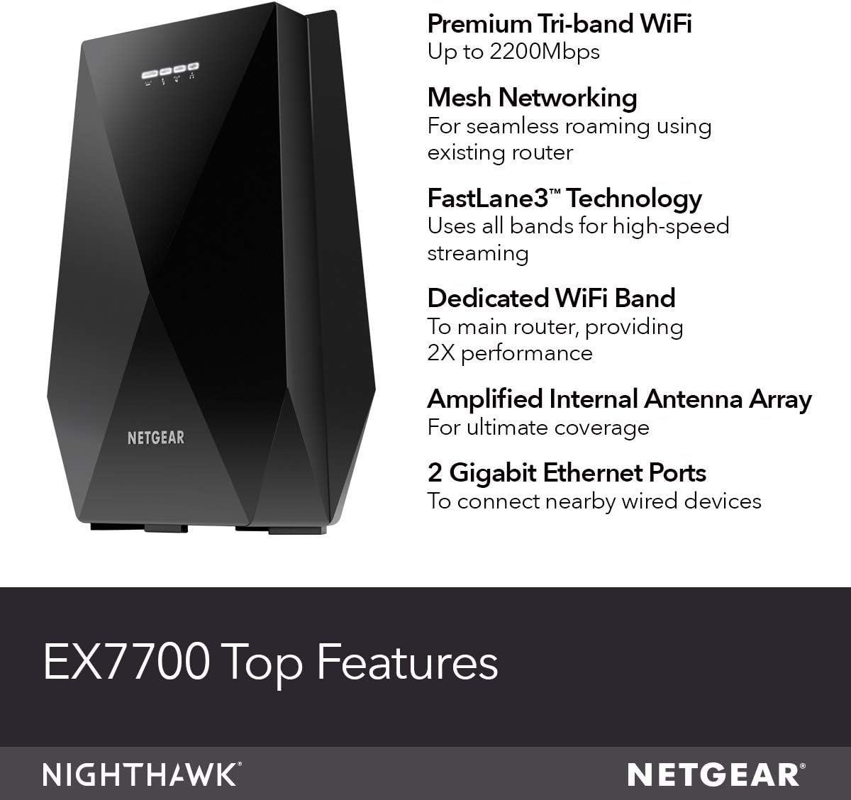 NETGEAR WiFi Mesh Range Extender EX7700 - Coverage up to 2000 sq.ft. and 40 Devices with AC2200 Tri-Band Wireless Signal Booster & Repeater (up to 2200Mbps Speed), Plus Mesh Smart Roaming (Renewed)