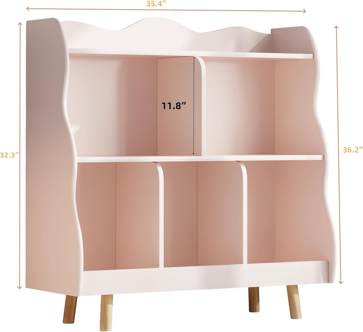 Treocho Kids Bookshelf and Toy Storage Orangizer, 3-Tier Wooden Children's Bookcase with Curve Design, 5 Cubbies Toy Storage Cabinet Display with Legs for Children's Room, Playroom, School, Pink