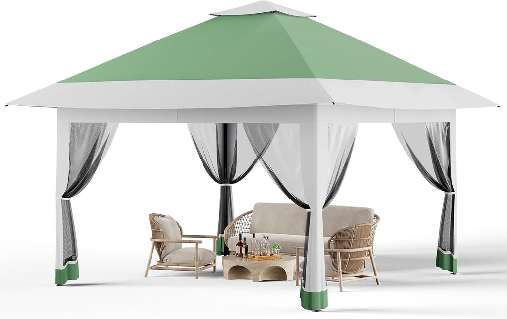 13X13 Pop Up Gazebo,Outdoor Canopy Tent with Mosquito Netting, Double Vented Roof Sun Shelter with Adjustable Heights,Outdoor Gazebo for Backyard & Patio Furniture.(Olive Green + Heather Gray).