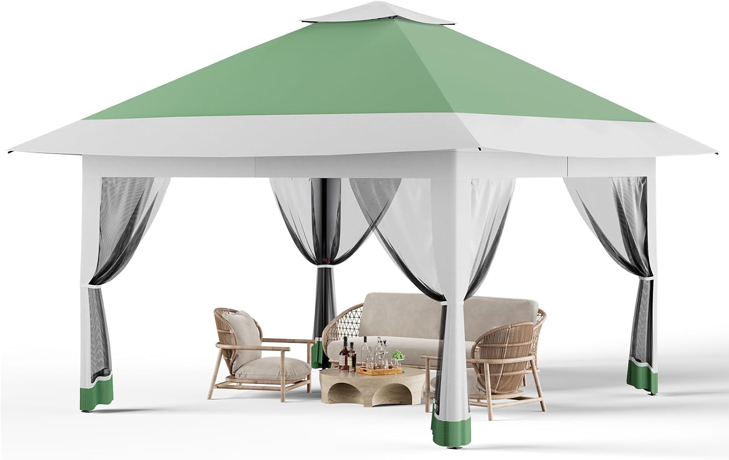 13X13 Pop Up Gazebo,Outdoor Canopy Tent with Mosquito Netting, Double Vented Roof Sun Shelter with Adjustable Heights,Outdoor Gazebo for Backyard & Patio Furniture.(Olive Green + Heather Gray).