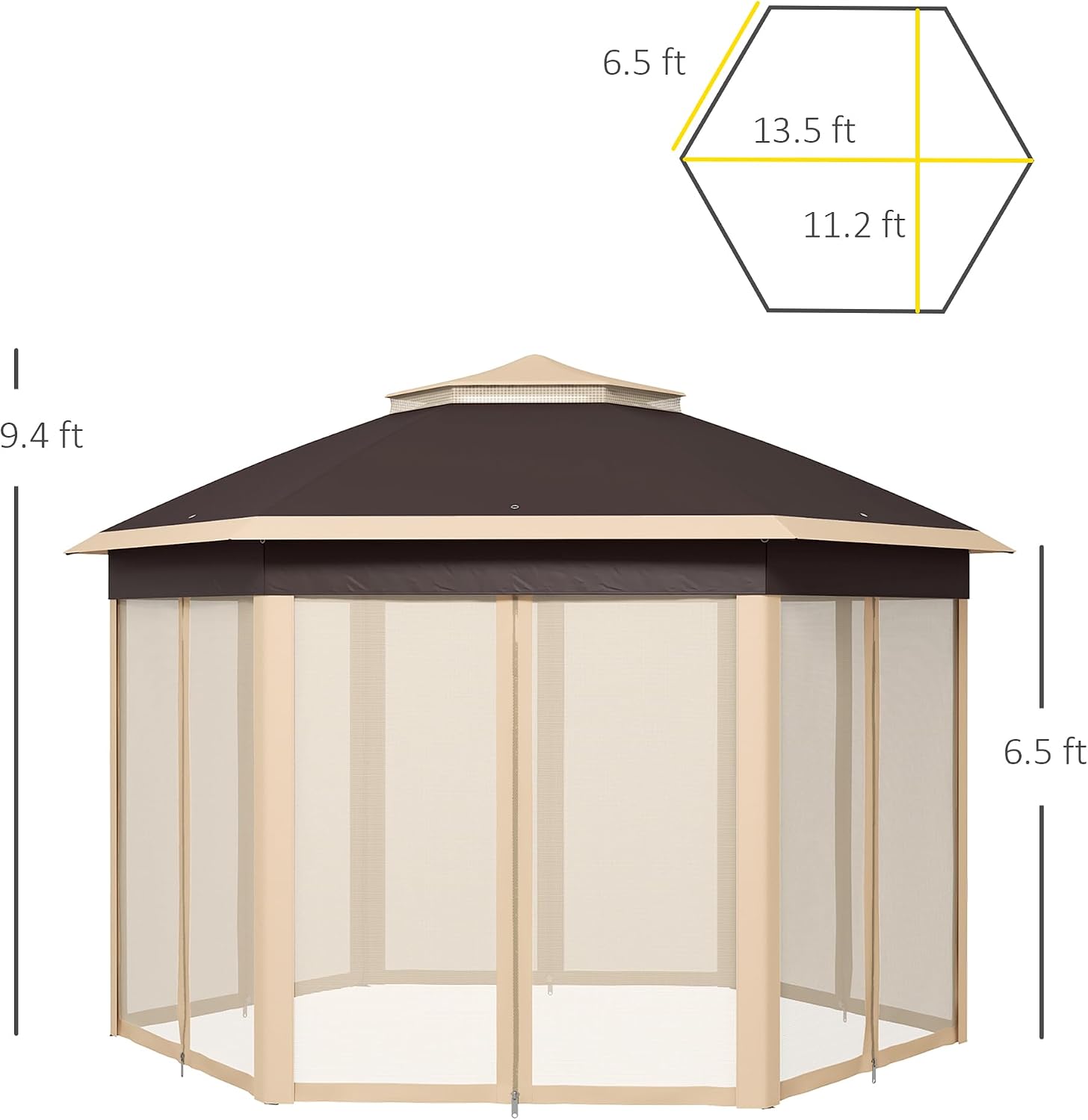 Outsunny 13' x 13' Pop Up Gazebo, Hexagonal Canopy Shelter with 6 Zippered Mesh Netting, Event Tent with Strong Steel Frame for Patio Backyard Garden Wedding Party, Beige