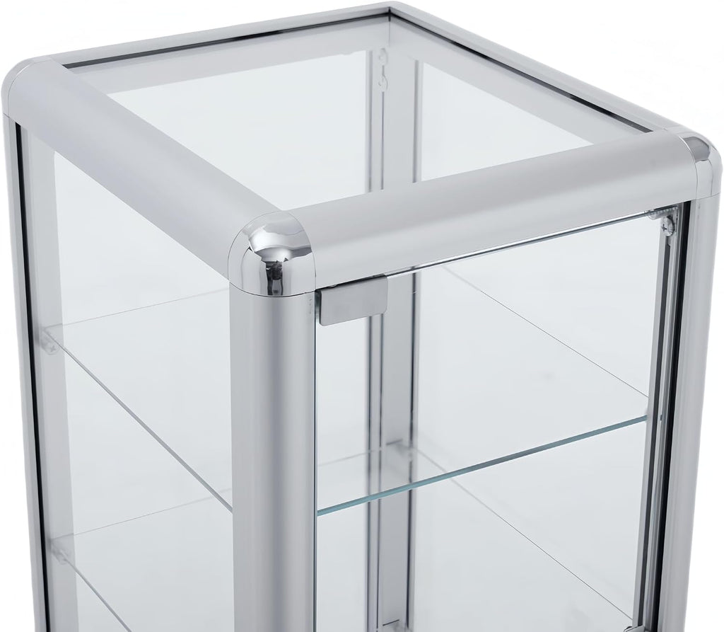 Lockable Tempered Glass Display Case – 4-Shelf Countertop Showcase with Aluminum Frame – 12'D x 14'W x 27'H Silver Cabinet for Retail, Jewelry & Collectibles