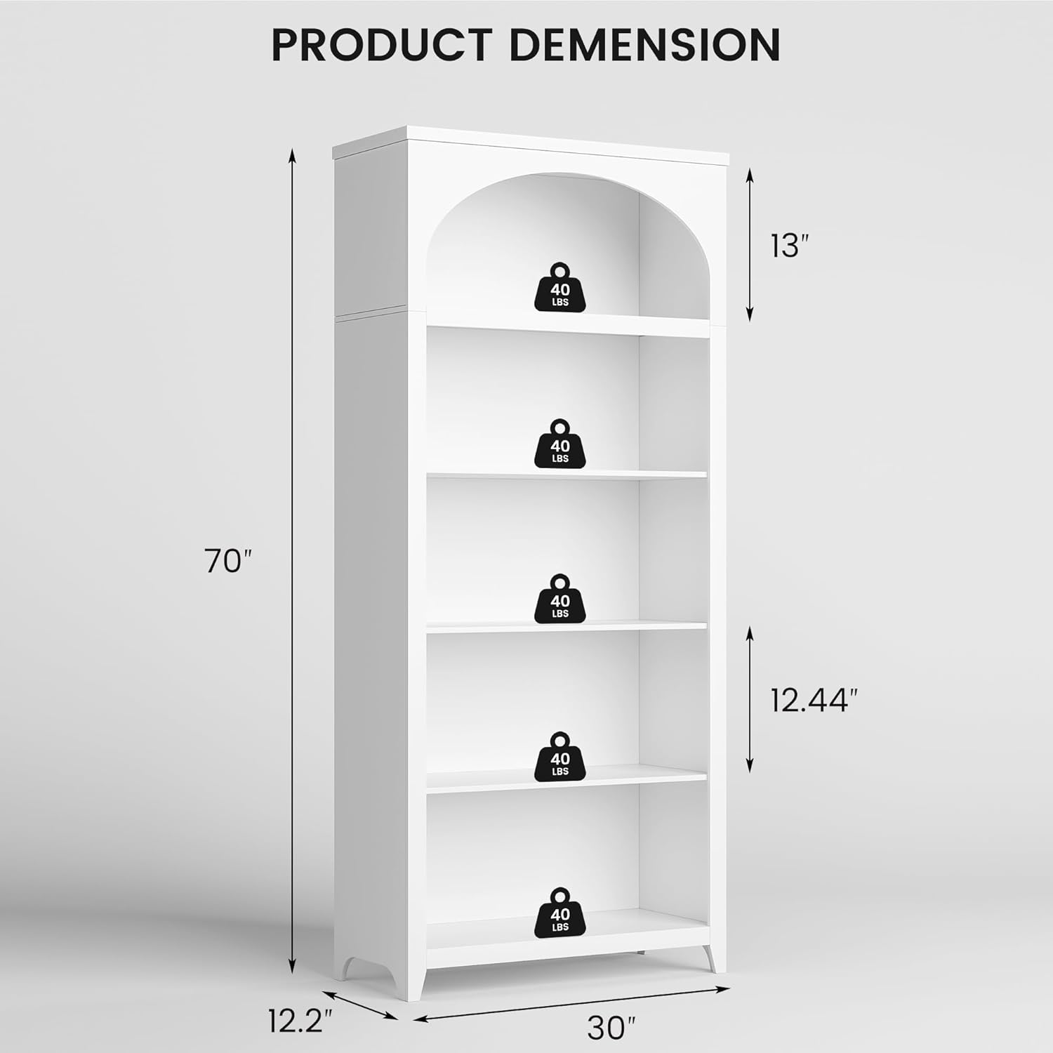 70' Tall Bookshelf with LED Lights, 5-Tier Modern Farmhouse Wood Bookcase with Arched Design, Sturdy Standing Shelf for Living Room, Bedroom, Office Library, White