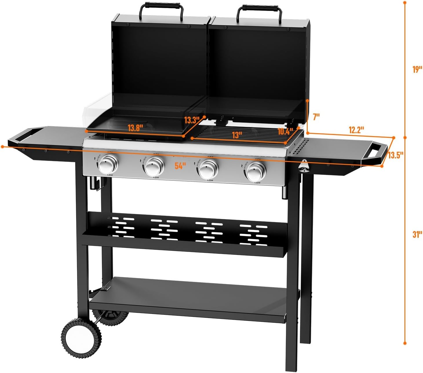 Bonnlo 2 in 1 Propane Flat Top Grill and Griddle Combo with Lid, Powerful 40,000 BTU Grills with Side Shelves & Integrated Ignition, 4 Burners Grill with Movable Wheels for Outdoor BBQ Camping Use