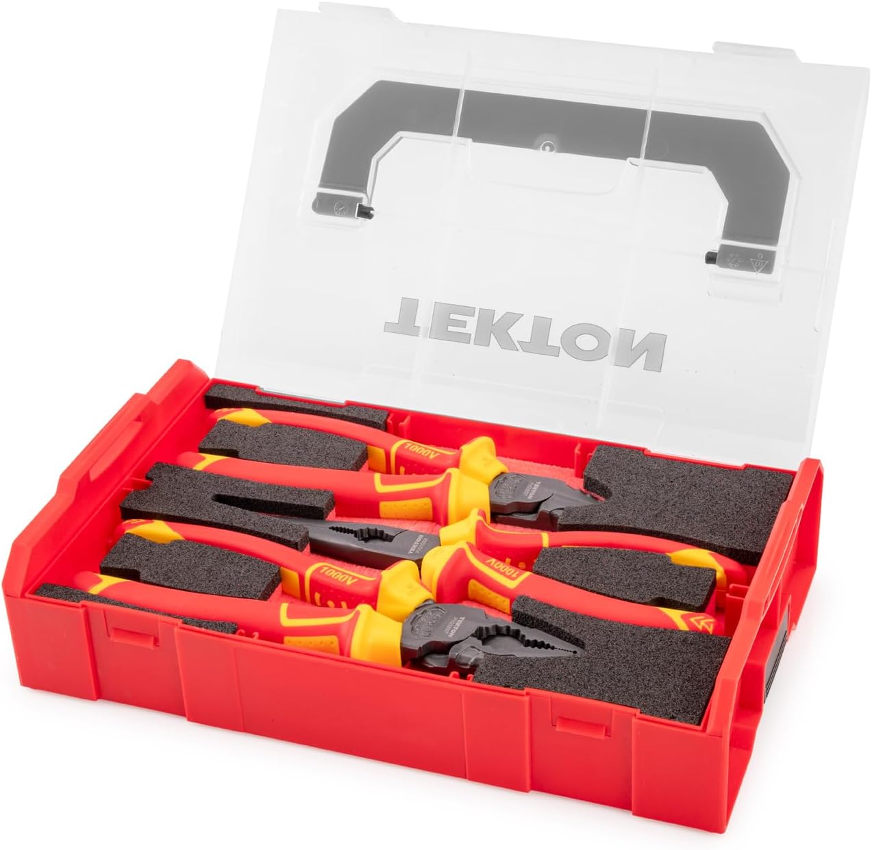 TEKTON Insulated Pliers Set with Mini Stacking Tool Box, 3-Piece (Combination, Long Nose, Diagonal Cutting) | PLR96002