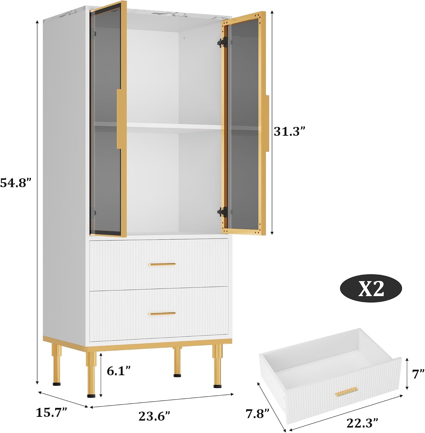 Fluted Glass Door Storage Cabinet - Modern White Display Cabinet with Adjustable Shelves & 2 Drawers for Kitchen Pantry or Living Room Organization(White)