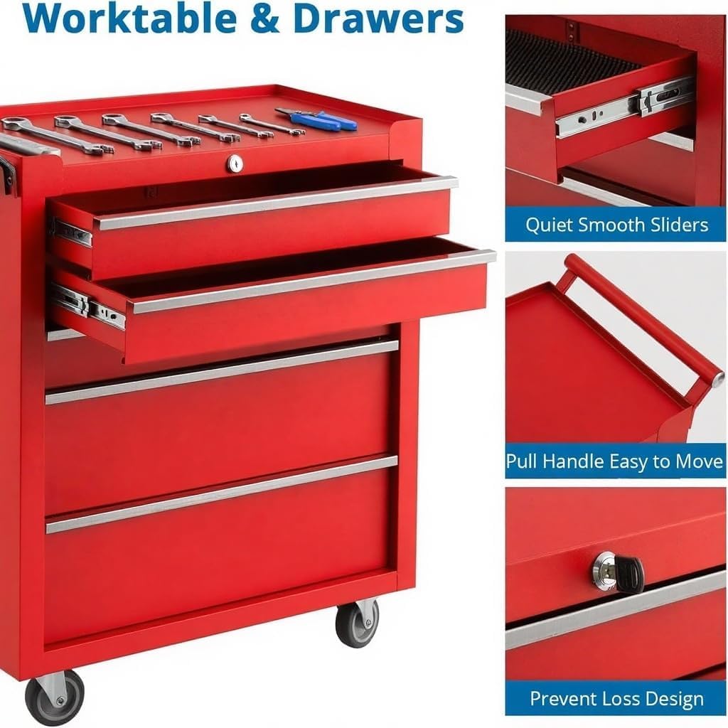 5-Drawer Rolling Tool Chest,Tool Cabinet on Wheels with Keyed Locking System and Drawer Liners,Tool Chest with Link Buckle and Can Be Combined to Large Cabinet Set,for Garage, Warehouse & Repair Shop