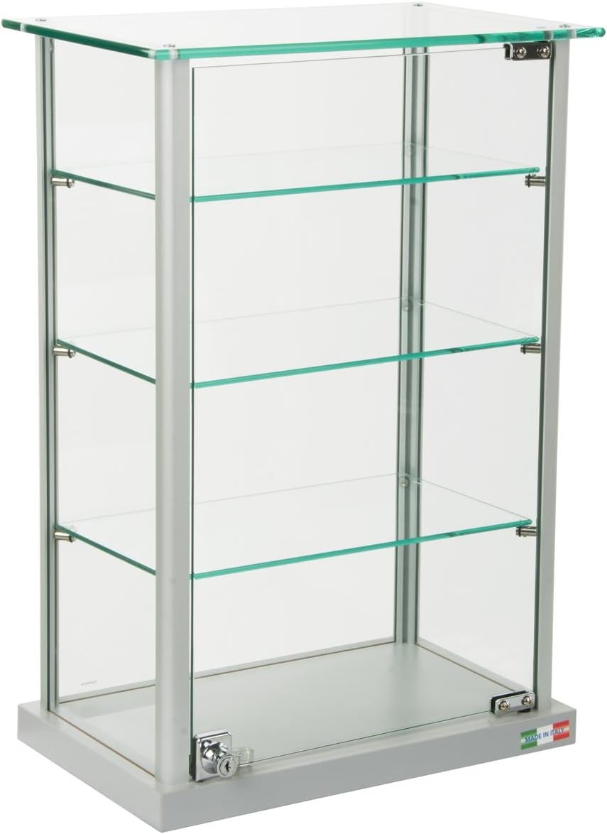 Small Curio Cabinet, Free Standing Glass Display Shelf, Adjustable, Aluminum (Silver Base)
