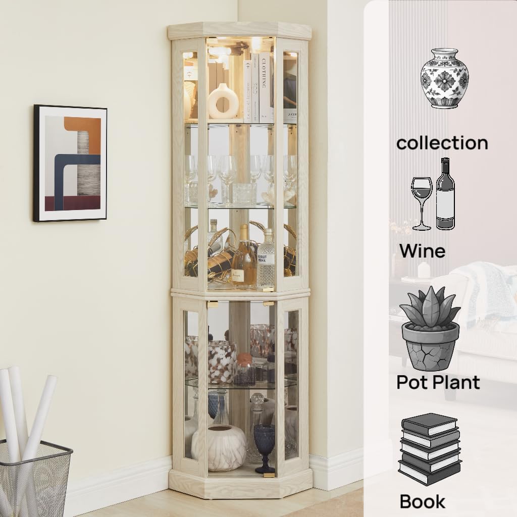 70' Lighted Corner Curio Cabinet,Inside Mirror Corner Glass Display Case with Tempered Glass Door for Living Room, Antique Collectibles, Wine & Bar Glass Storage, Lights Included