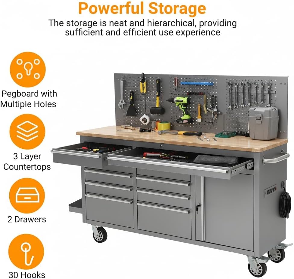 61-Inch Rolling Tool Chest with 10 Drawers & Power Strip, Solid Rubber Wood Top, 1675 LBS Load Heavy Duty Mobile Workstation, Locking System and Drawer Liners for Garage Warehouse Shop, Silver