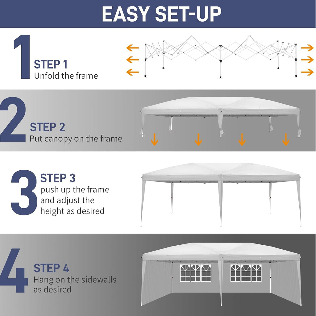 VINGLI 10x10 Pop Up Canopy Tent with Carry Bag and Sandbags, Outdoor Gazebo Canopy 10x10 Party Tent Commercial for Party, Event (White, 10x20ft)