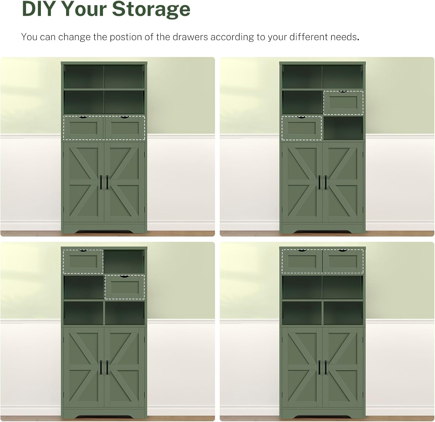 TEENFON Bathroom Cabinet with Adjustable Shelf & 2 Drawers, Farmhouse Storage Cabinet with 2 Doors, Kitchen Storage Cabinets for Living Room, Entryway, Home Office, Forest Green