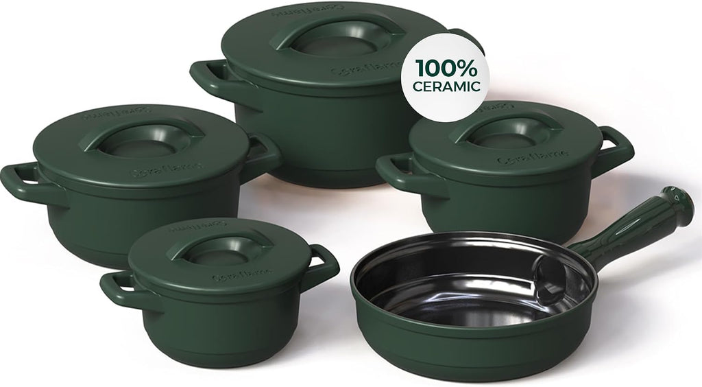 Pure Ceramic, Healthy, Non Toxic Cookware Set - Oven Safe Up to 1200F, Microwave and Dishwasher Safe, Longlasting and Lightweight - PFAS, PTFE, PFOA, PFOS - Matte Rosemary