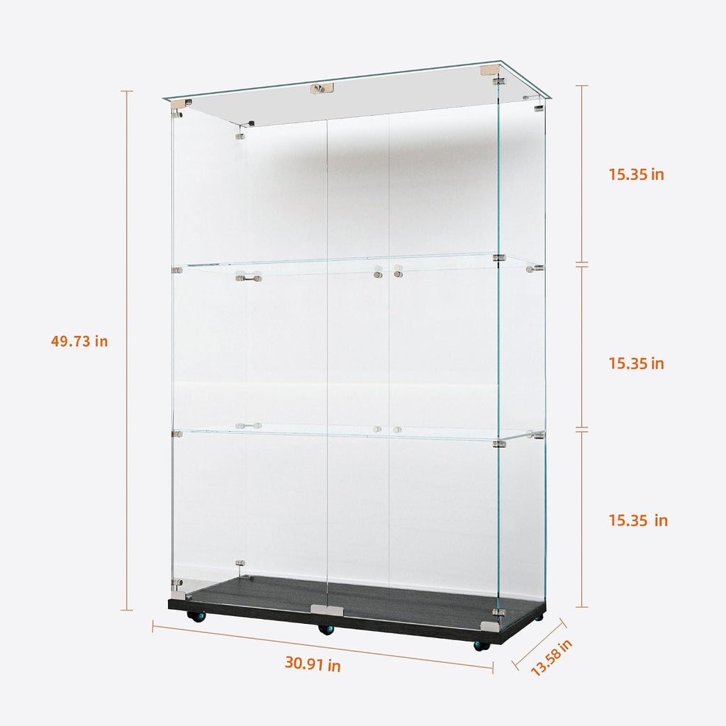 Modern Glass Display Cabinet 3-Shelf with LED Light,Wheels and Lock, 2 Door Curio Cabinets,Tempered Glass Collection Display Showcase for Living Room Home Office,30.9x13.5x49.8 H,Black