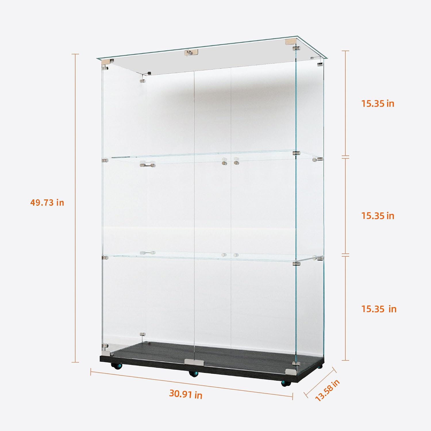 Modern Glass Display Cabinet 3-Shelf with LED Light,Wheels and Lock, 2 Door Curio Cabinets,Tempered Glass Collection Display Showcase for Living Room Home Office,30.9x13.5x49.8 H,Black