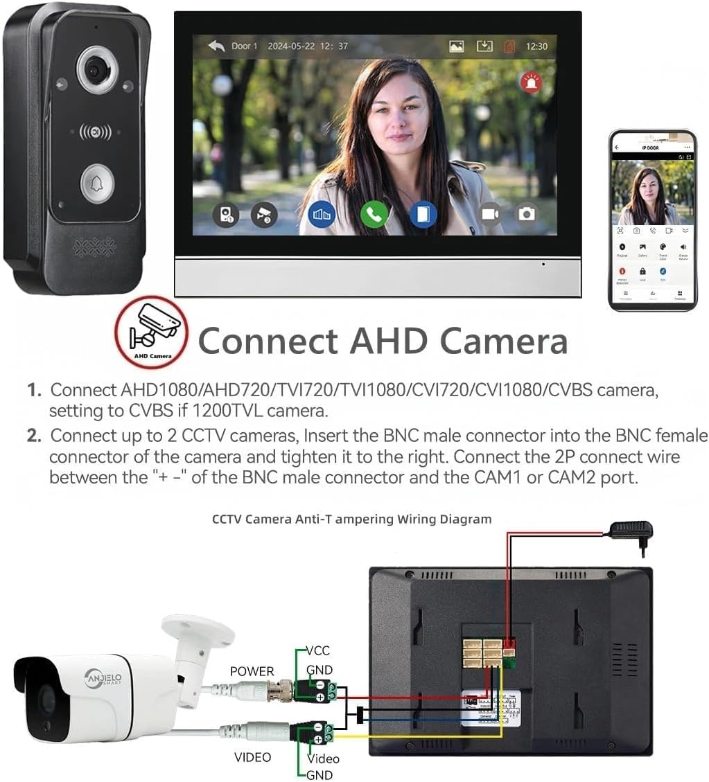 Wired Video Intercom System Tuya WiFi 7 Inch Touch Screen 1080P Doorbell Intelligent Tuya APP Intercom Kit with 3 in 1 Unlock Motion Detection,Anti-Tamper Alarm,32G (2 Bell+4 Monitor)