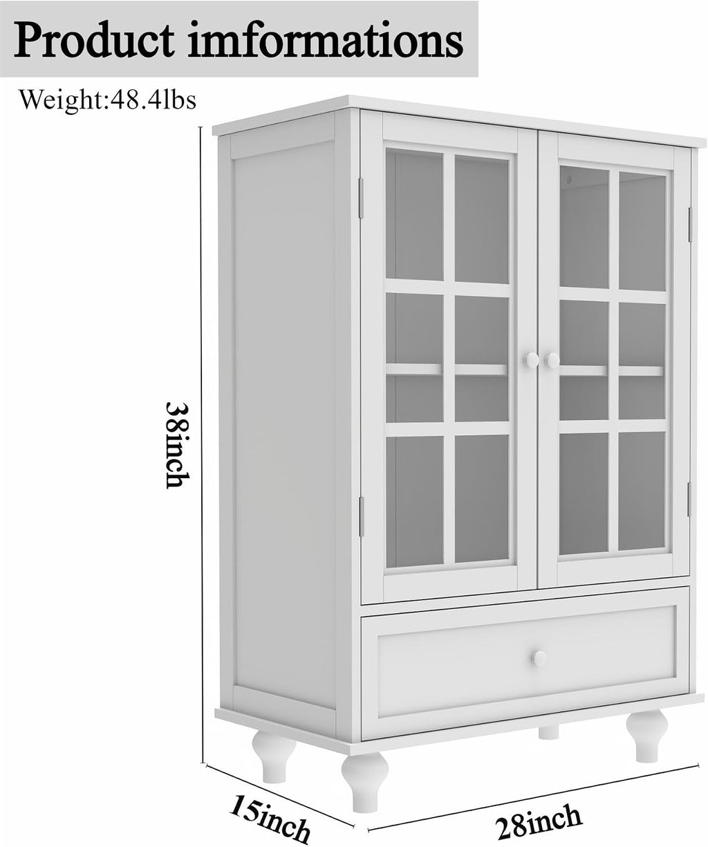 KEIKI Sideboard Buffet Cabinet with Glass Doors and Drawer, Wooden Storage Cabinet with Adjustable Shelf Modern Display Cabinet Cupboard for Living Room, Dining Room, Kitchen, Hallway, White